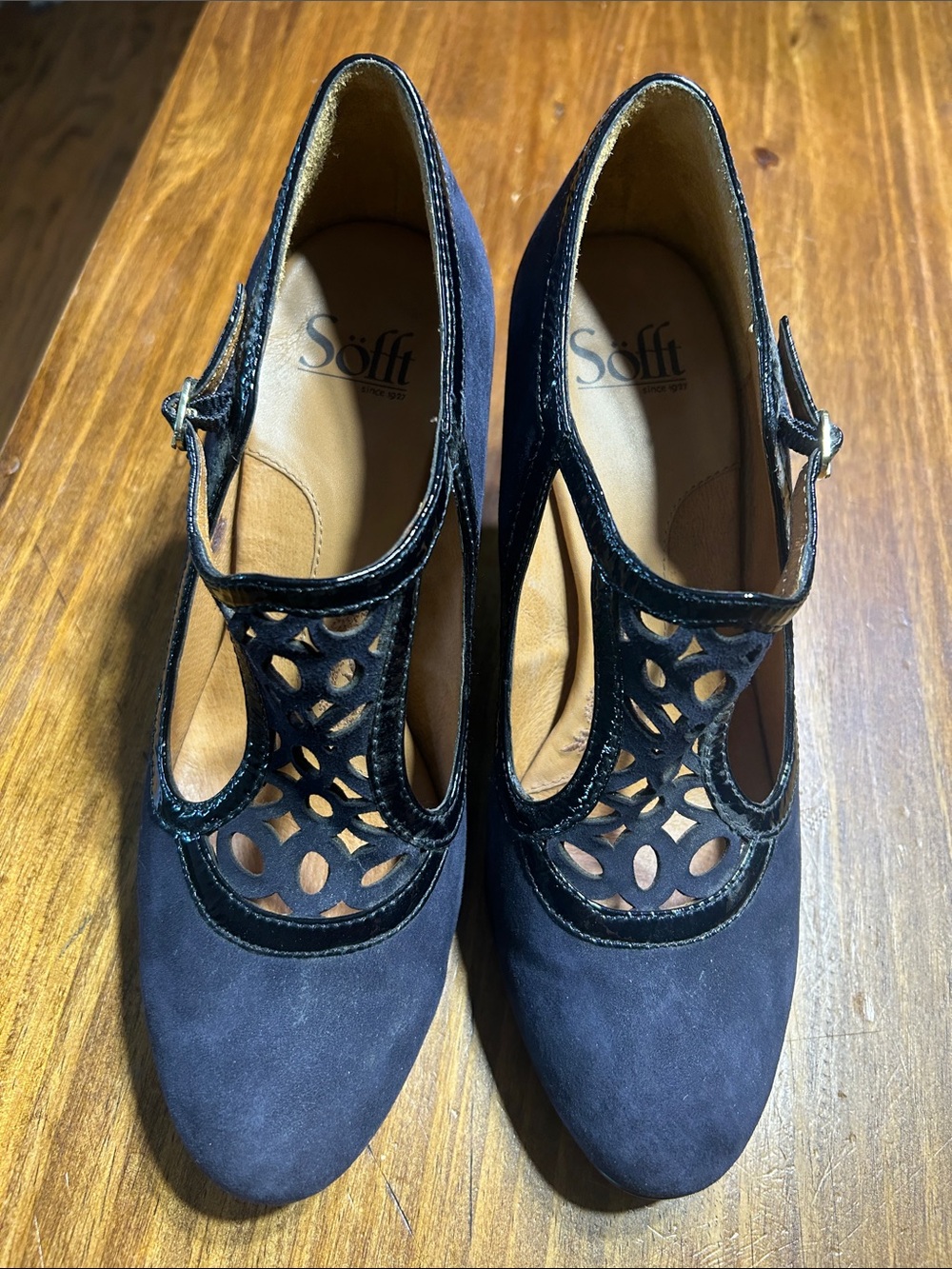 Navy Blue Cutout Suede Mary Jane Pumps